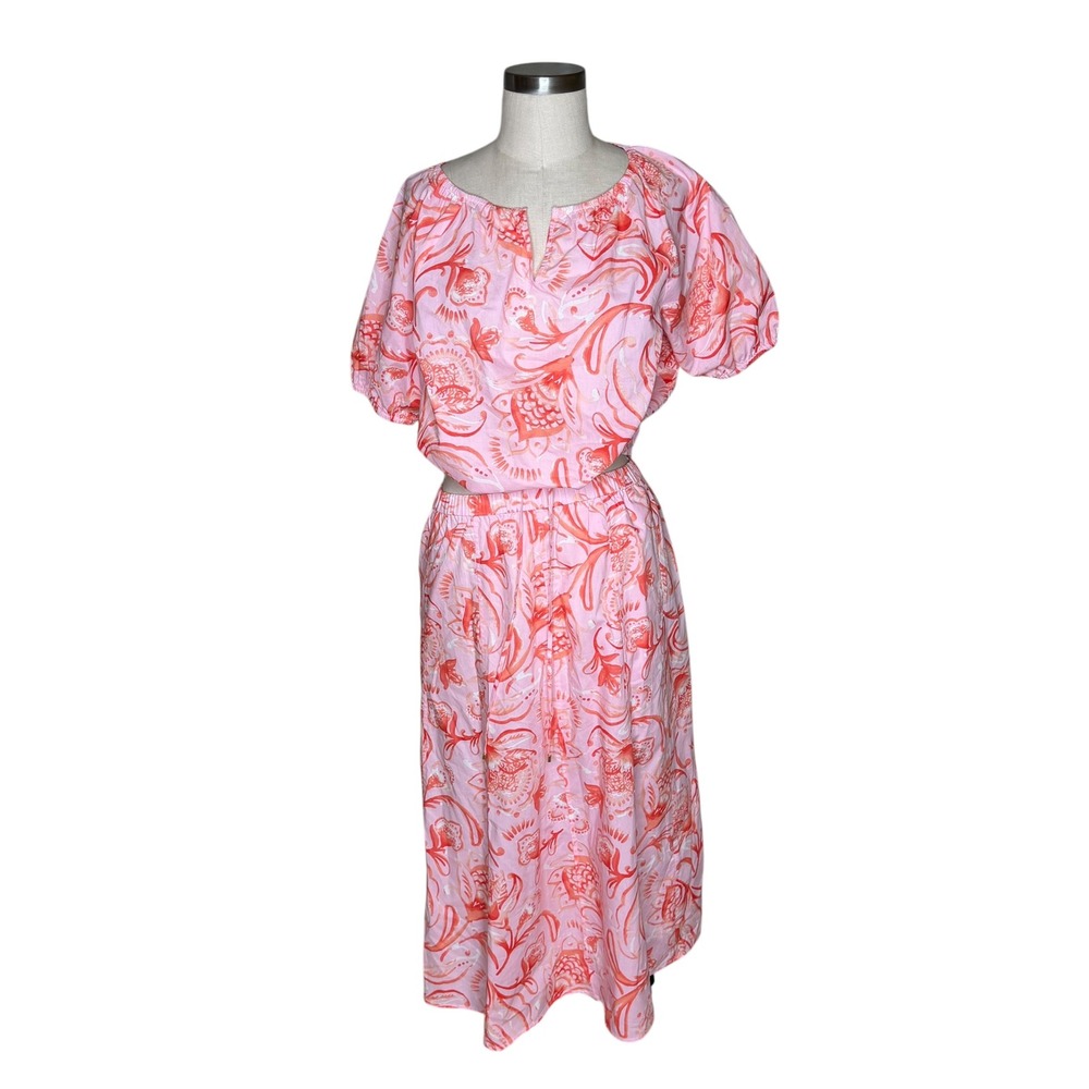 TALBOTS Two Piece Set Pink Floral Tropical Cotton Women's Medium‎ Petite Coastal
